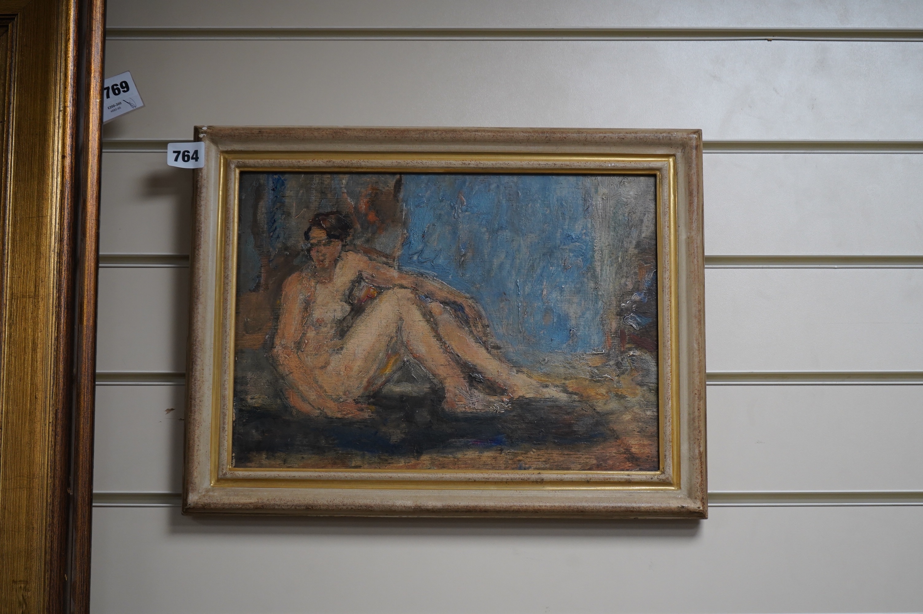 Modern British, oil on board, Study of a seated nude woman, a similar study verso, 24 x 34cm. Condition - fair to good